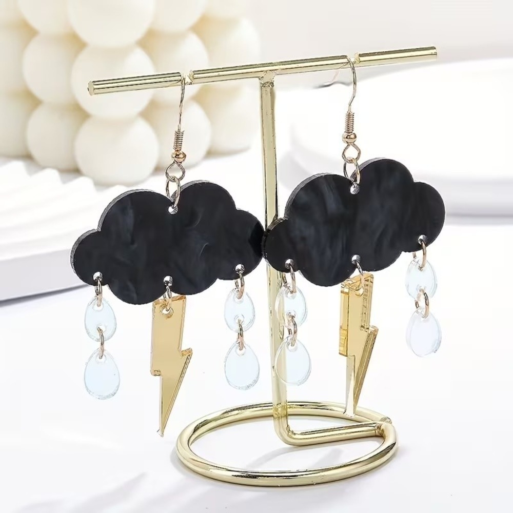 Black Storm Cloud Lightning Bolt Raindrop Acrylic Statement Drop Earrings NEW